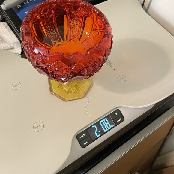 VTG Ruby Red Amberina Yellow Pressed Glass Pedestal Compote Candy Dish Scalloped - Picture 10 of 10